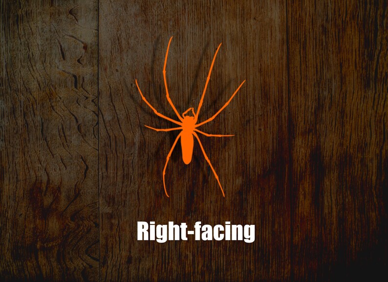 May include: Orange silhouette of a spider facing right on a brown wood background. The text "Right-facing" is below the spider.