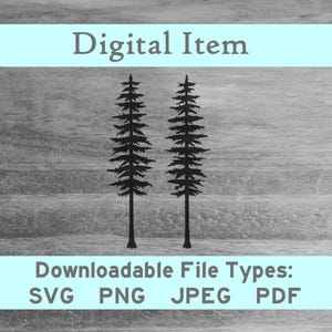 Può includere: Download digitale di due alberi di pino neri in silhouette su uno sfondo a grana di legno. Tipi di file scaricabili: SVG, PNG, JPEG, PDF.