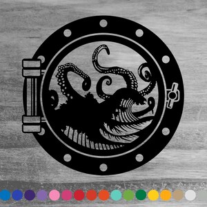 May include: Black and white illustration of an octopus emerging from a wave inside a round porthole.