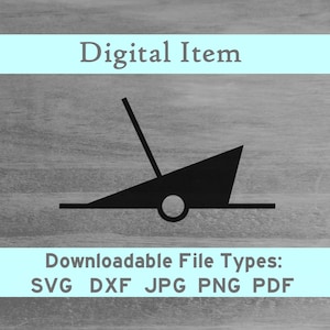 Puede incluir: Gráfico negro de una forma geométrica con un círculo y una línea, etiquetado como "Digital Item". Debajo, el texto dice "Downloadable File Types: SVG DXF JPG PNG PDF."
