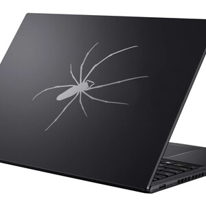May include: Black laptop computer with a spider design on the lid.