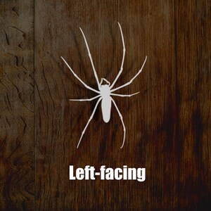 May include: White silhouette of a spider facing left on a dark brown wood background. The text "Left-facing" is below the spider.