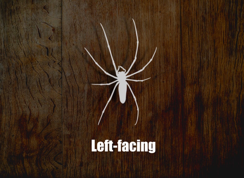 May include: White silhouette of a spider facing left on a dark brown wood background. The text "Left-facing" is below the spider.