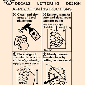 May include: A four-step guide on how to apply decals. The steps are illustrated with a turtle design. The steps are: 1. Clean and dry area of decal placement. 2. Remove transfer tape and decal from backing paper. 3. Place edge of transfer tape onto surface; gradually apply across decal. 4. Slowly remove transfer tape by pulling across decal.