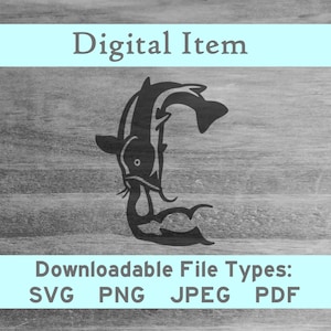 May include: Black and white silhouette of a catfish jumping out of the water. Digital download available in SVG, PNG, JPEG, and PDF formats.