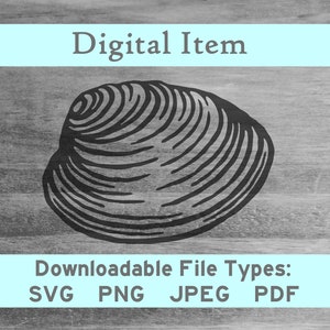 May include: Black and white line art illustration of a clam shell. Digital download available in SVG, PNG, JPEG, and PDF formats.