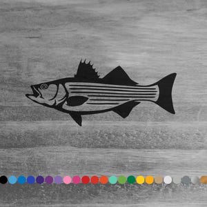 May include: Black silhouette of a striped bass fish on a woodgrain background.