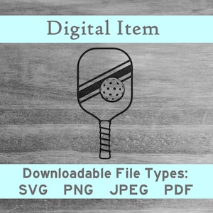 Peut inclure: Illustration en noir et blanc d'une raquette de pickleball avec une balle dessus. Types de fichiers téléchargeables : SVG, PNG, JPEG, PDF.