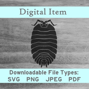 May include: Black and white silhouette of a pill bug, also known as a roly-poly, on a woodgrain background. The image is a digital download and available in SVG, PNG, JPEG, and PDF formats.