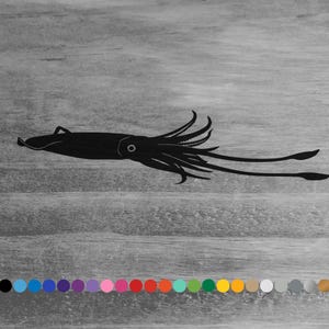May include: Black silhouette of a squid with tentacles on a woodgrain background.