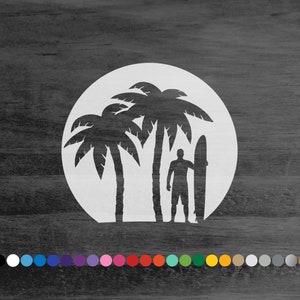 Surfer Palm Tree Sunset vinyl decal sticker for car truck rv camper van bus boat hull window bumper hood door laptop ocean surf beach decor