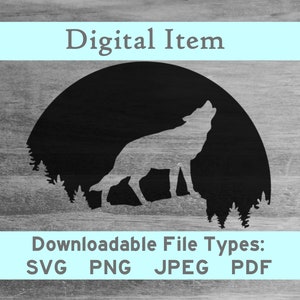May include: A black and white silhouette of a wolf howling at the moon, with a forest background. The image is set against a woodgrain background.