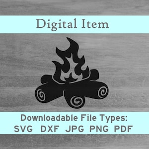 Pode incluir: Gráfico de fogueira preta com chamas e toras. A imagem inclui o texto "Digital Item" e "Downloadable File Types: SVG DXF JPG PNG PDF" em um fundo de grão de madeira cinza.