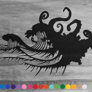 May include: Black and white silhouette of an octopus emerging from waves. The octopus has multiple tentacles and is depicted in a stylized, graphic design.
