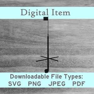 May include: Black silhouette of a tripod stand with a flag on top.  Downloadable file types: SVG, PNG, JPEG, PDF.
