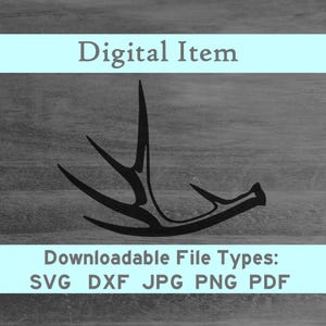 May include: Black silhouette of an antler with a single point on the right side.  Downloadable file types: SVG, DXF, JPG, PNG, PDF.