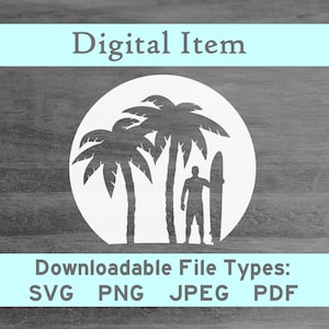 May include: Silhouette of a person standing with a surfboard in front of two palm trees on a white circle background.