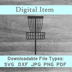 May include: Black and white silhouette of a disc golf basket. Downloadable file types: SVG, DXF, JPG, PNG, PDF.