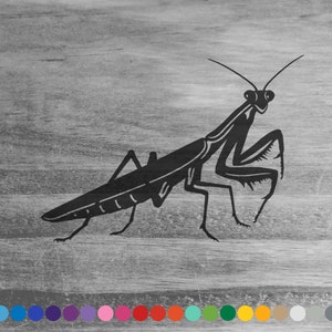 May include: Black silhouette of a praying mantis on a woodgrain background. The mantis is facing right with its legs outstretched.