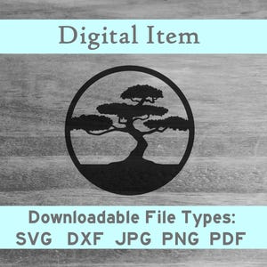 May include: Black and white silhouette of a bonsai tree in a circle.  Downloadable file types: SVG, DXF, JPG, PNG, PDF.