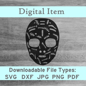 May include: Black and white hockey mask with a stitched design. Digital Item. Downloadable File Types: SVG DXF JPG PNG PDF