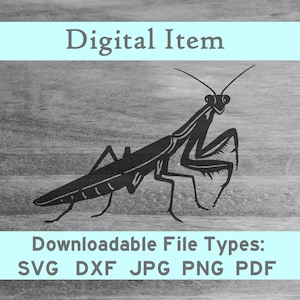 May include: Black silhouette of a praying mantis on a woodgrain background. Downloadable file types: SVG, DXF, JPG, PNG, PDF.