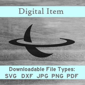 Puede incluir: Descarga digital en blanco y negro de un planeta estilizado con un anillo a su alrededor. Tipos de archivos descargables: SVG, DXF, JPG, PNG, PDF.