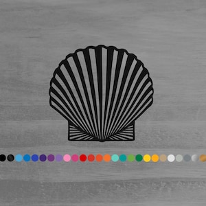 May include: A black scallop shell silhouette featuring a series of radiating vertical lines that extend from the base to the scalloped top edge, accompanied by a horizontal row of twenty-four small circular color swatches below the shell.