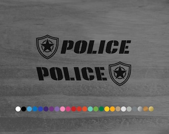 Police text and badge vinyl decal sticker for ride-on power wheels car truck electric suv van bus atv 4x4 window bumper hood boat door room
