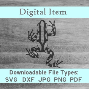 May include: Black and white silhouette of a frog with a spotted pattern. Digital download file types: SVG, DXF, JPG, PNG, PDF.