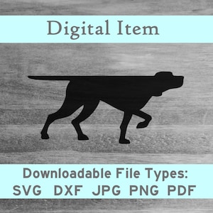 May include: Black silhouette of a dog, possibly a pointer breed, running to the right.  The image is a digital download available in SVG, DXF, JPG, PNG, and PDF file formats.