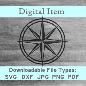 May include: Black and white compass rose design with eight points. Downloadable file types: SVG, DXF, JPG, PNG, PDF.