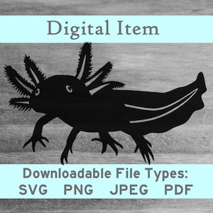 May include: Black and white silhouette of an axolotl, a type of salamander, with feathery gills.  Digital download available in SVG, PNG, JPEG, and PDF formats.