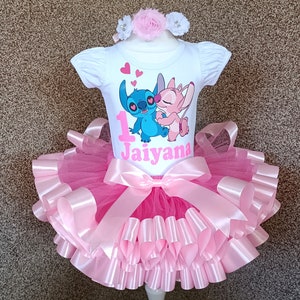 Stitch and Angel party tutu outfit, Pink Stitch birthday party costume for baby girl, Angel tutu set