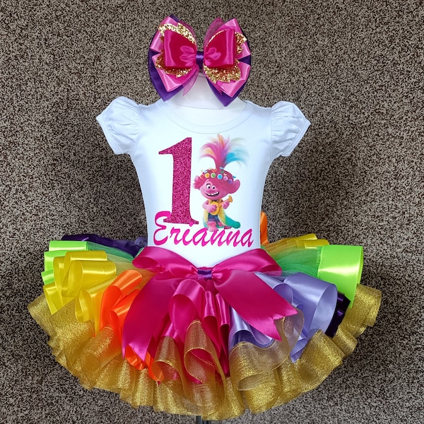 Poppy Trolls Birthday tutu Outfit, rainbow Poppy Trolls party Birthday Tutu Set, Princess Poppy Tutu Dress Costume Outfit