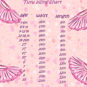 May include: A pink tutu sizing chart with age, waist, and length measurements in inches. The chart includes sizes from 3-6 months to size 10. Decorative tutus are in the corners.
