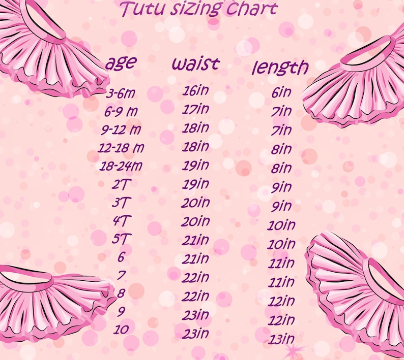 May include: A pink tutu sizing chart with age, waist, and length measurements in inches. The chart includes sizes from 3-6 months to size 10. Decorative tutus are in the corners.