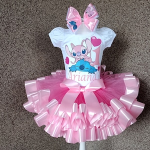 Stitch and Angel party tutu outfit, Pink Stitch birthday party costume for baby girl, Angel tutu set
