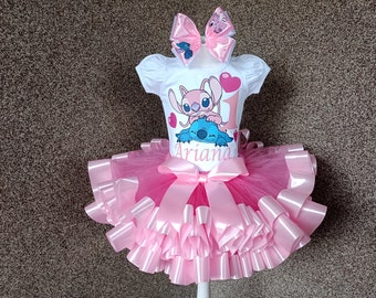 Stitch and Angel party tutu outfit, Pink Stitch birthday party costume for baby girl, Angel tutu set