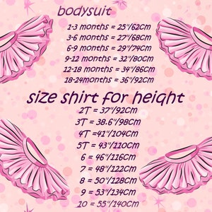 May include: Pink tutu skirt illustrations with size charts for bodysuits and shirts. The bodysuit chart includes sizes from 1-3 months (62cm) to 18-24 months (92cm). The shirt chart includes sizes 2T (92cm) to 10 (140cm).