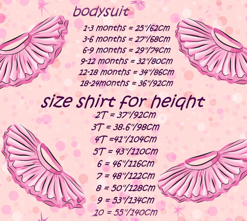 May include: Pink tutu skirt illustrations with size charts for bodysuits and shirts. The bodysuit chart includes sizes from 1-3 months (62cm) to 18-24 months (92cm). The shirt chart includes sizes 2T (92cm) to 10 (140cm).