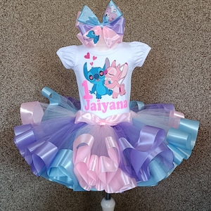 Stitch and Angel party tutu outfit, Stitch birthday party costume for baby girl