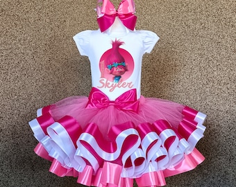 Poppy Trolls Birthday tutu Outfit, pink Poppy Trolls party Birthday Tutu Set, Princess Poppy Tutu Dress Costume Outfit