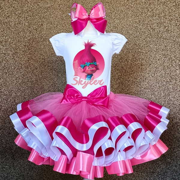 Poppy Trolls Birthday tutu Outfit, pink Poppy Trolls party Birthday Tutu Set, Princess Poppy Tutu Dress Costume Outfit