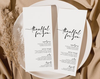 Thankful for You Thanksgiving Menu Template: Minimalist Script (Editable, Printable)