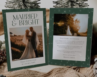 May include: A green and white Christmas card with a photo of a couple in a field. The card reads "Married & Bright" and "Happy Holidays from Mr. and Mrs. Smith".