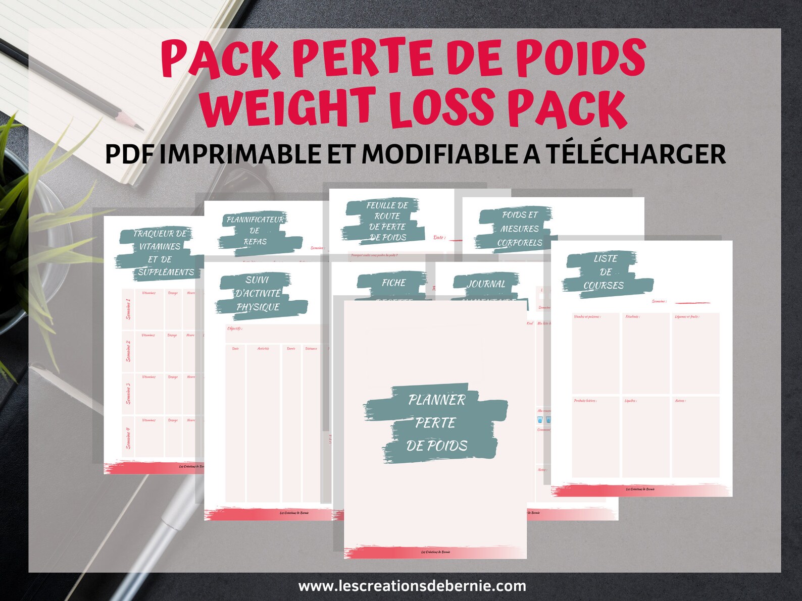 Planificateur de perte de poids Pack de santé et de fitness imprimable