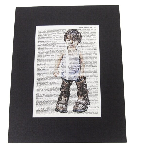 Recycled Dictionary Page "My Boots"  Little boy in his Papas boots Art Print with Custom mat