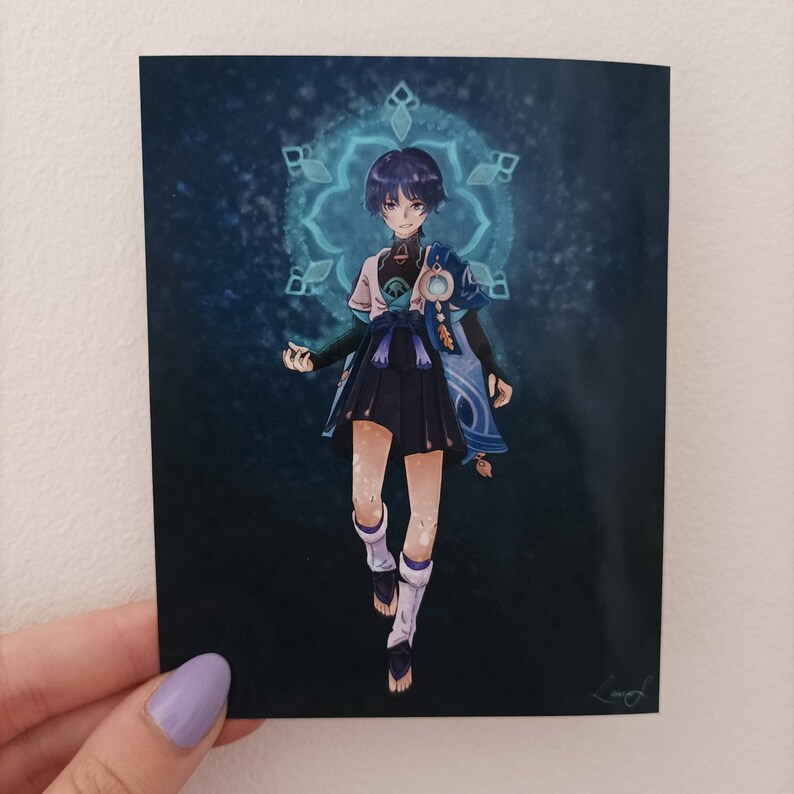 May include: A digital illustration of a young person with short blue hair wearing a blue and white outfit with a blue and white patterned design. The person is standing in front of a blue and white circular design with a glowing blue light.
