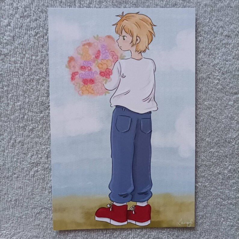 Pode incluir: Ilustra&ccedil;&atilde;o de uma pessoa segurando um grande buqu&ecirc; de flores. A pessoa est&aacute; vestindo uma camisa branca de manga comprida, jeans azuis e sapatos vermelhos. O fundo &eacute; um c&eacute;u azul claro com nuvens e um peda&ccedil;o de grama verde.